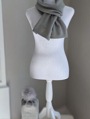 Sparkle Pom Knit Beanie in Gray With Matching Scarf